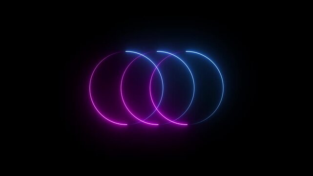 Colorful of multi circle neon line blaze glowing flashing animation loop random on a black background. BLUE and violet color circle ..
