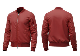 Red bomber jacket displayed against a white backdrop showcasing its sleek design and modern style, perfect for urban fashion and casual wear.