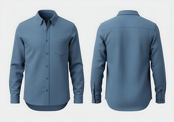 Blue dress shirt displayed on white backdrop showcases front and back views with buttondown collar and long sleeves in a studio setting.