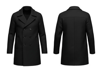 Elegant black overcoat displayed on white background, showcasing its classic doublebreasted style and tailored fit, conveying sophistication and timeless fashion.