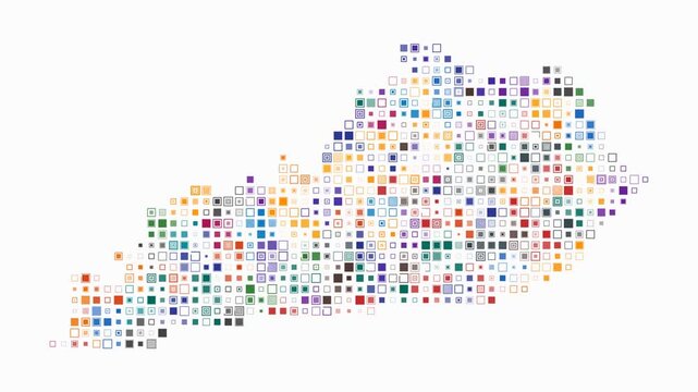 Kentucky animated shape. Pulsating colored dots on the map of the state. Small size square blocks. Digital style Kentucky map on white background. Awesome animation video.