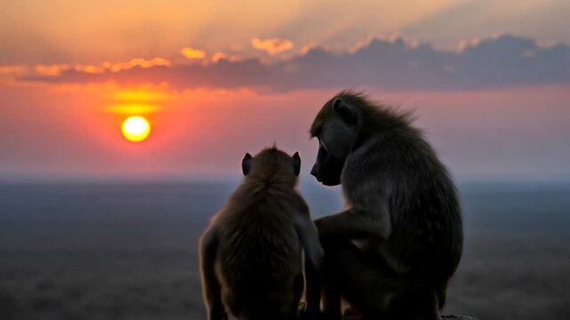 Two baboons sitting together at sunset, overlooking a vast landscape with colorful skies