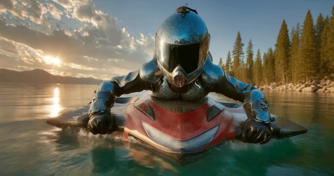 Knight on a futuristic jet ski speeding across serene lake at sunset