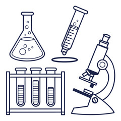 A collection of laboratory equipment including beakers, test tubes, and a microscope.