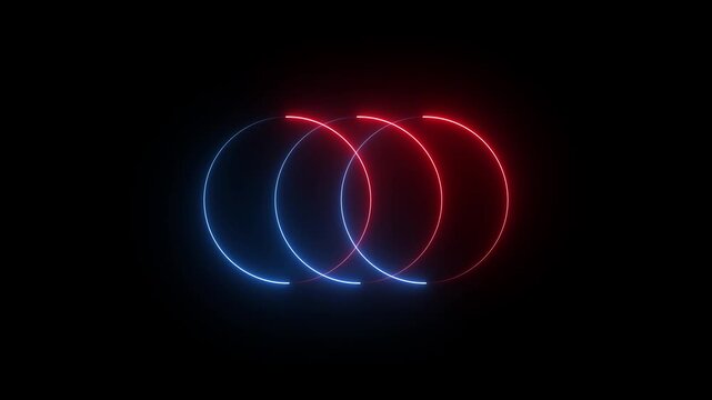 Colorful of multi circle neon line blaze glowing flashing animation loop random on a black background. Blue and violet color circle ..