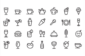 Drinks, Desserts, and Restaurant Service Line Icons