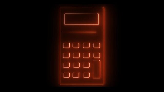 Glowing neon orange color calculator icon animation business finance mathematic education accounting sign symbol on black background. 4k animation video.