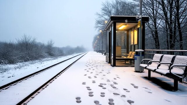 Snow-covered train station with empty benches and footprints leading down the tracks