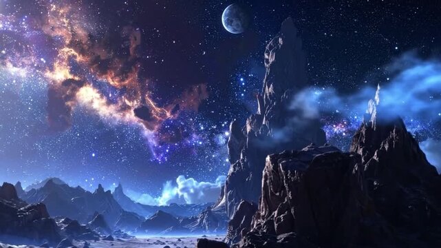 Dramatic space landscape featuring y mountains under a vibrant nebula sky.