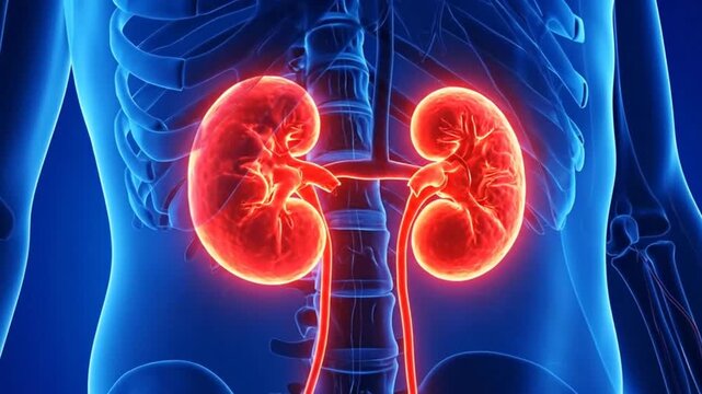 Medical illustration showing the human kidneys, ureters, and bladder in a blue-toned body.