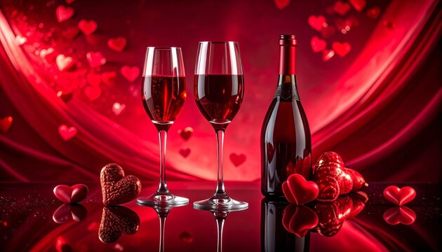 Editorial-style Valentine&rsquo;s Day luxury still-life, polished reflective surface, rich red tones, champagne and wine elements, floating soft hearts, dramatic studio lighting, realistic reflections, prem