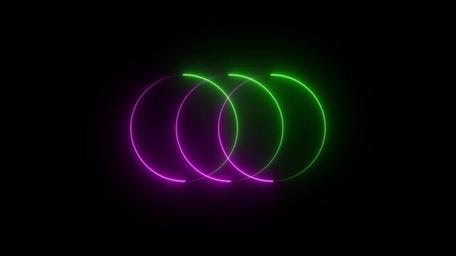 Colorful of multi circle neon line blaze glowing flashing animation loop random on a black background. green and violet color circle ..