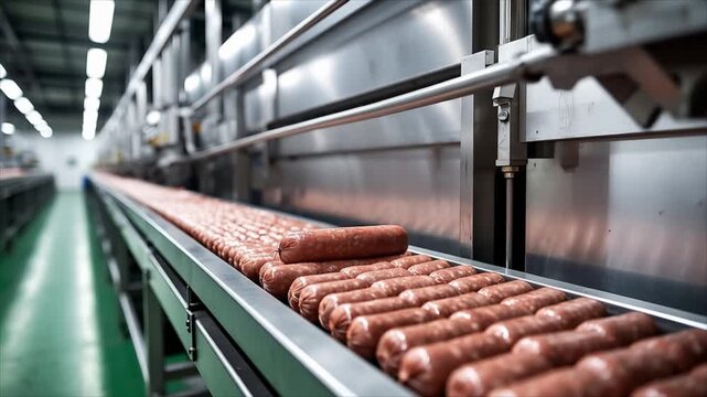 Meat sausage production conveyor belt moving through modern food factory. Automated processing plant for raw sausage manufacturing.