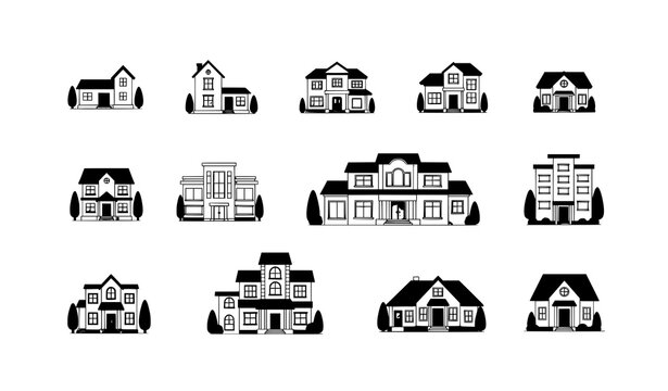 Real estate residential buildings vector set with houses villas and mansions