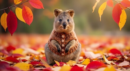 Quokka in Autumn Leaves Wearing a Knitted Vest.