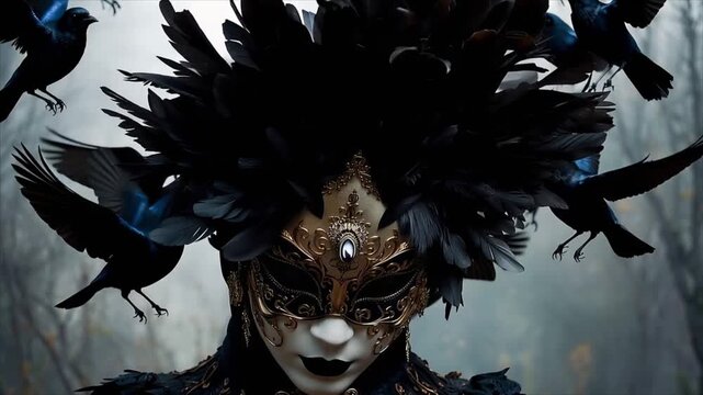 Woman in an ornate venetian mask and feathered headpiece with black birds flying around her. Mysterious fantasy art concept.