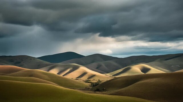 dramatic desert landscape with rolling sand dunes under stormy sky