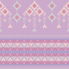 Blue and purple cross-stitch ethnic boho seamless pattern. Patchwork texture. Weaving. Pixel pattern. Folk motif. Design for wallpaper, textile, wrapping, and web page background. © Siriyaporn Chong