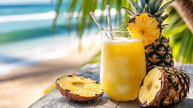 Refreshing pineapple drink on a tropical beach background. Exotic fruit juice cocktail with ocean view for summer vacation.