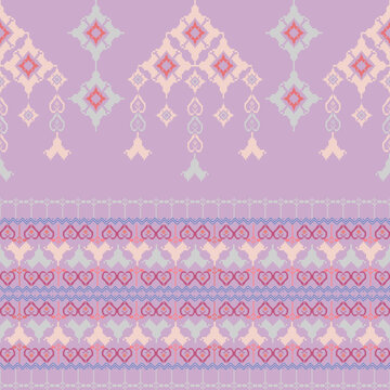 Blue and purple cross-stitch ethnic boho seamless pattern. Patchwork texture. Weaving. Pixel pattern. Folk motif. Design for wallpaper, textile, wrapping, and web page background.
