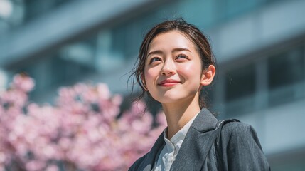 Fototapeta premium 桜吹雪の中で希望に胸を膨らませ微笑む日本人女性社員