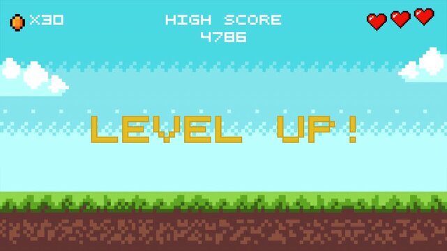 Animated pixel art banner with level up text and outdoor landscape background. 4k video