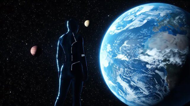 Astronaut Silhouette Standing Watch Planet Earth with Other Planets Outer Space Background Stars