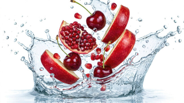 Fresh red apples juicy cherries and vibrant pomegranate pieces splash into clear water creating a dynamic cascade of healthy refreshment cherry fruit food natural transparent background
