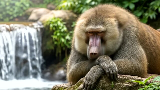 A contemplative baboon resting by a serene waterfall in a lush green jungle setting