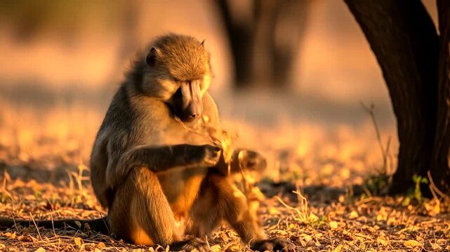 A baboon sitting on the ground, playfully interacting with twigs in a warm, golden sunset