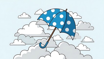 Cartoon umbrella floating above the clouds in a simple flat design