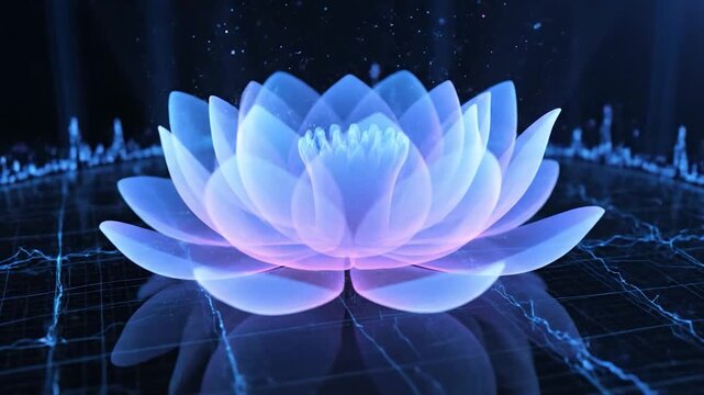 Glowing blue lotus flower on a dark futuristic background with grid and sound waves.