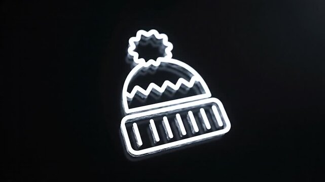 A glowing line-art winter hat with pom-pom on a glossy black background