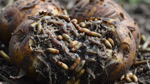 Maggots Eating Rotten Potatoes Close-up