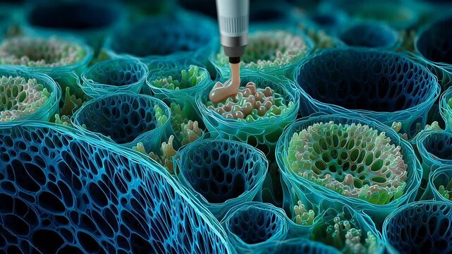 Advanced organ bioprinting research visualization, layered biological structures, precise cellular architecture, modern biomedical style, professional editorial imagery