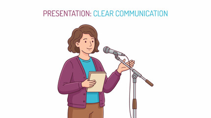Professional Woman Speaker Delivering Clear Communication Presentation at Microphone Stand. Flat Illustration Style.