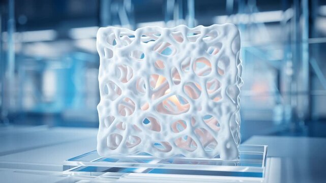 Bioprinting scaffold design concept, three-dimensional porous structure, precise layered geometry, clean scientific background, soft laboratory lighting, commercial editorial illustration 