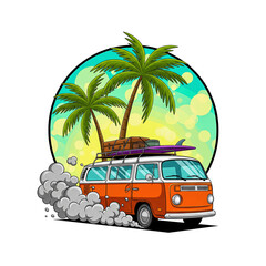 Retro Camper Van Beach Adventure with Palm Trees and Surfboard
