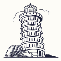 Obraz premium Of the leaning tower of pisa with coins black and white