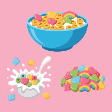 Colorful marshmallow cereal bowl with milk splash and candy shapes, sweet breakfast illustration for kids menu, poster, social media