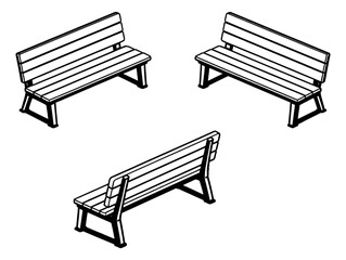 Line art park bench set featuring various isometric views for urban planning and outdoor design
