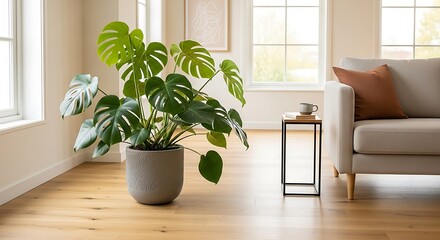Monstera plant in a modern living room setting.