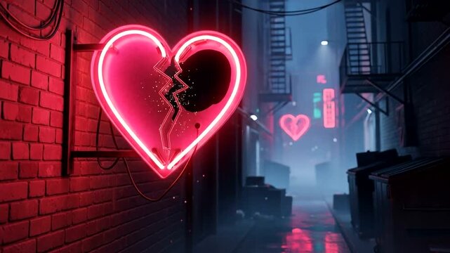 Neon broken heart sign illuminating a misty alleyway with dumpsters and soft lighting