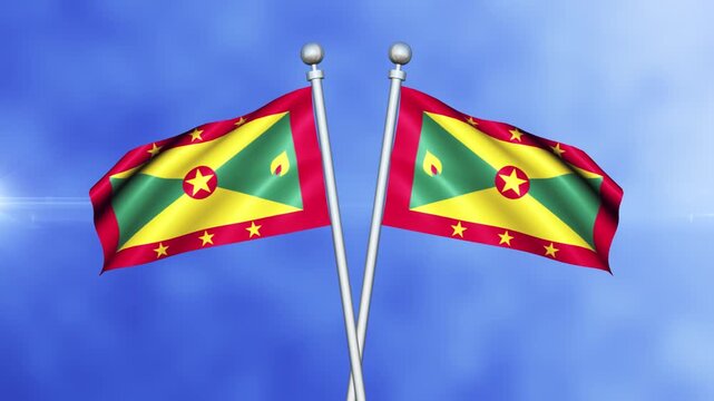 Grenada Crossed Flags Waving in Blue Sky Loop Animation