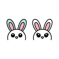 Obraz premium Minimal bunny face icons in black outline with pink ears, cute Easter avatars for stickers, labels, social media graphics