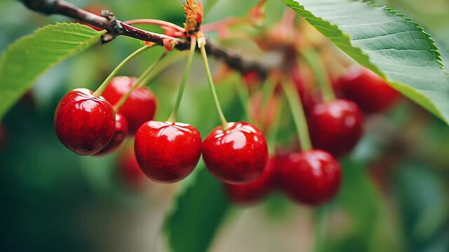 A bunch of red cherries hanging from a tree branch. The cherries are ripe. Fresh ripe cherries still on branch, vibrant red color, natural daylight, shallow depth of field, clean background