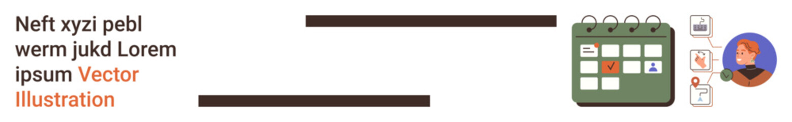 Time management, productivity, scheduling, organization, workflow, reminders. Organized calendar with task icons and profile portrait. Time management and productivity © robu_s