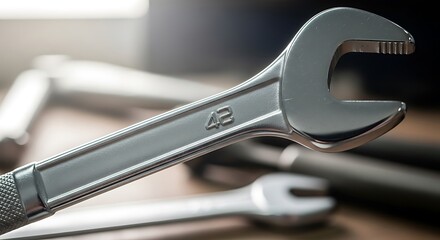 Close-up of a wrench with other tools in background.