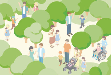 Spring and Summer Park Landscape. Isometric Scenery of People Relaxing in the City