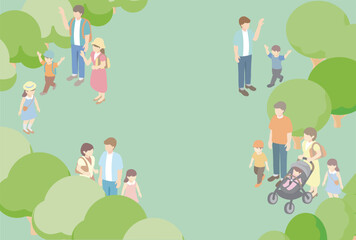 Spring and Summer Park Landscape. Isometric Scenery of People Relaxing in the City